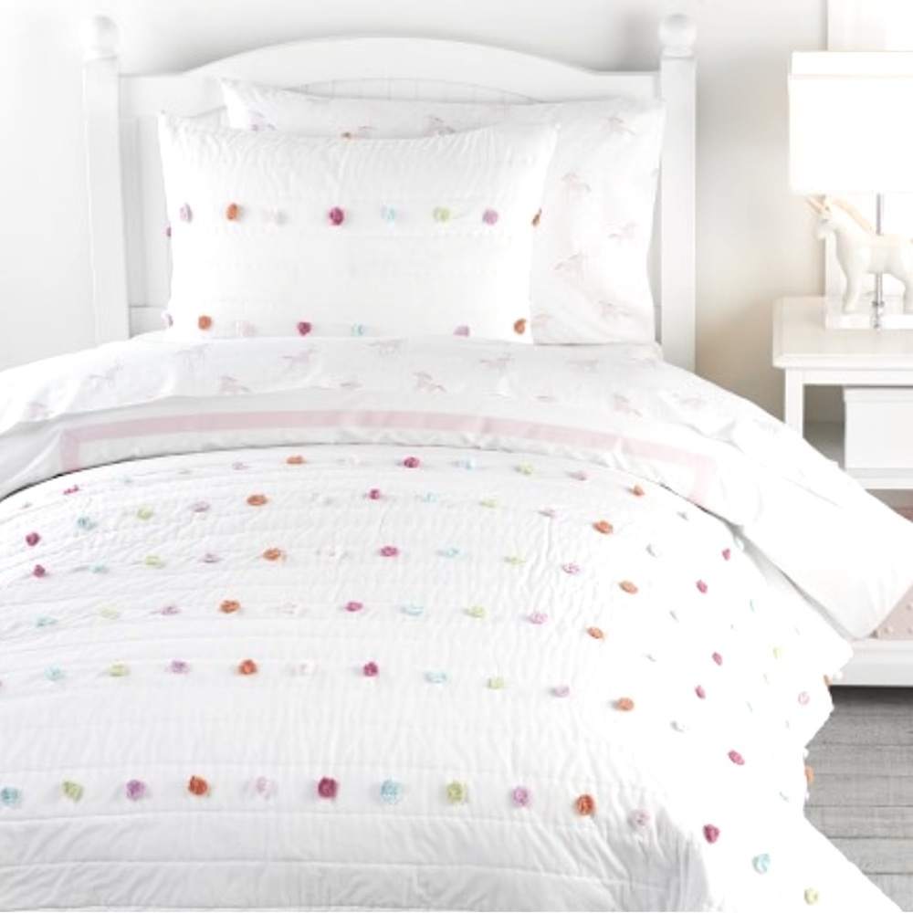 Pottery Barn Kids queen Bright Pom Pom quilt and euro shams